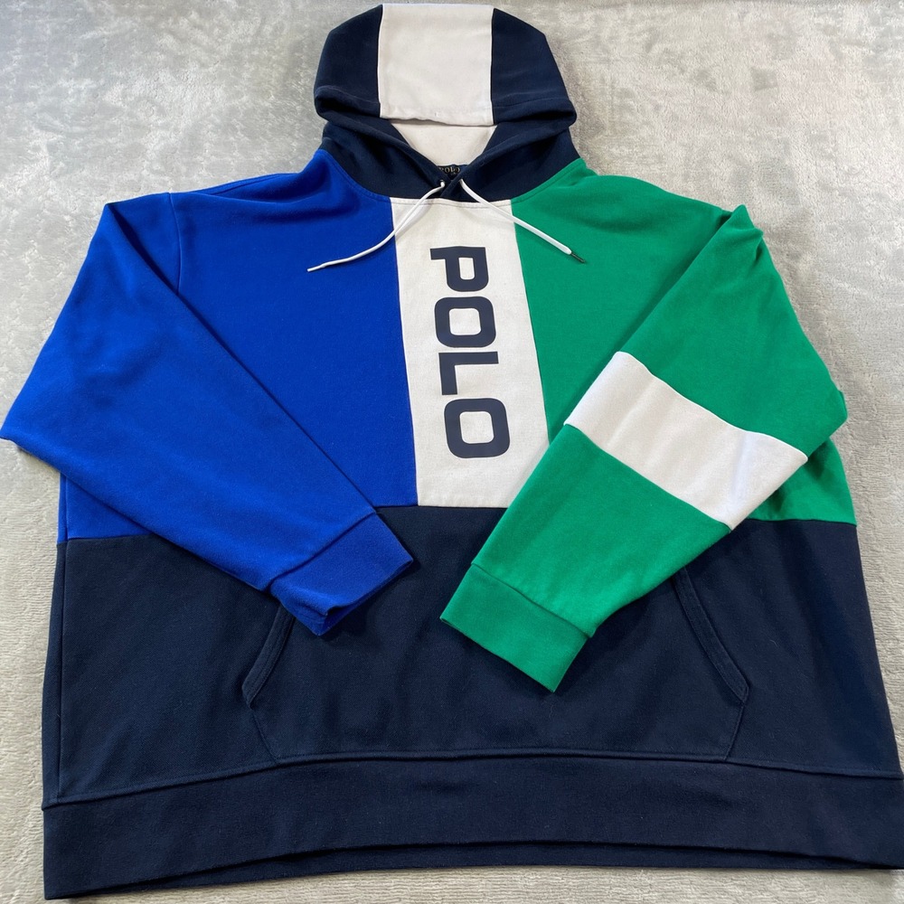 Polo Ralph Lauren Hoodie Pullover Mens 4XB Big Colorblock Blue White Logo Preppy